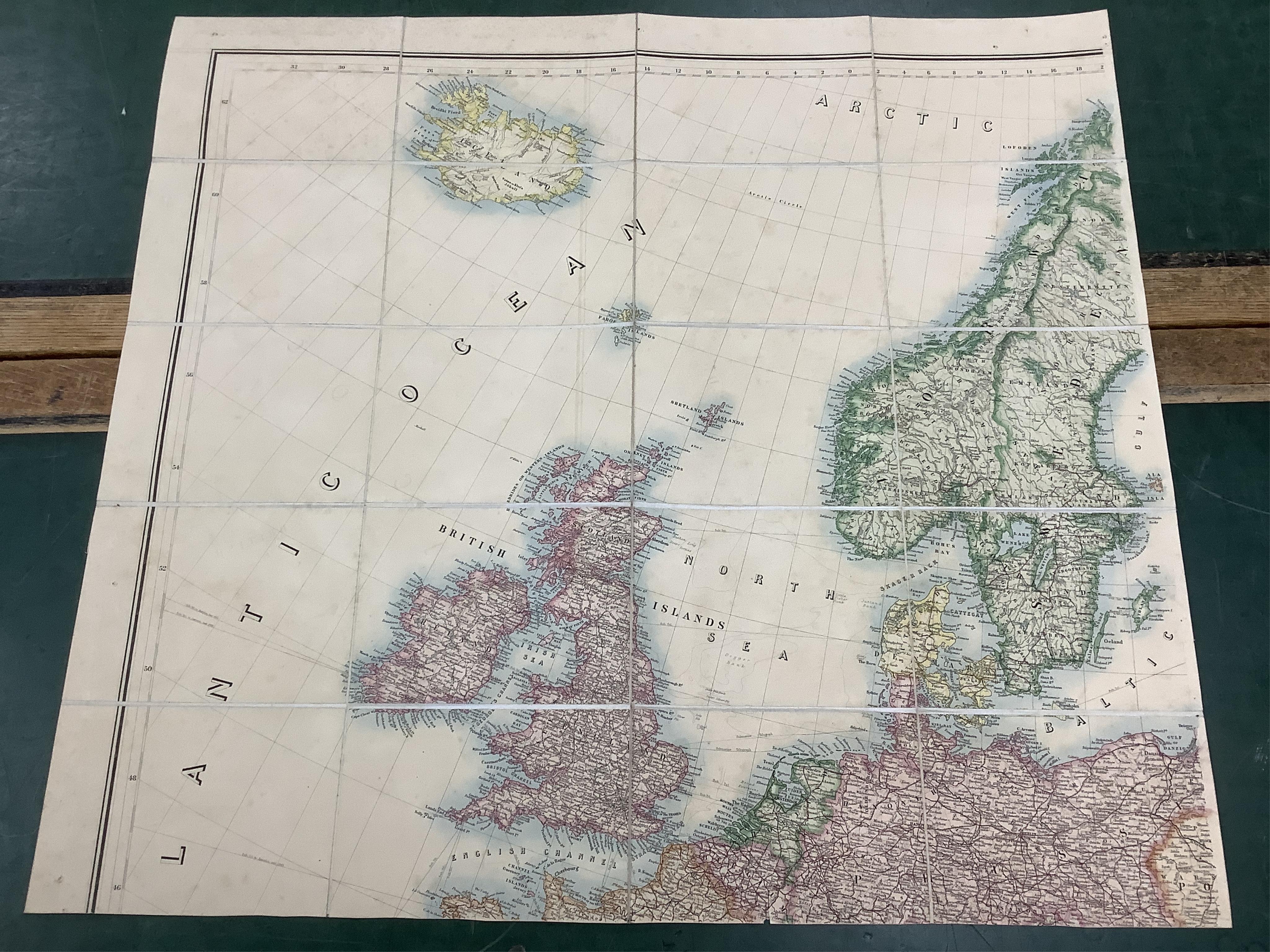Stanford's Library Map of Europe ... by A. Keith Johnston ... 4 sheets, coloured and folded on line, sheets approx. 75 x 82cm within ruled borders, contained in original morocco case, 1876